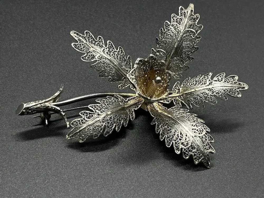 Vintage Large Sterling Silver Filigree Flower 3-D… - image 2