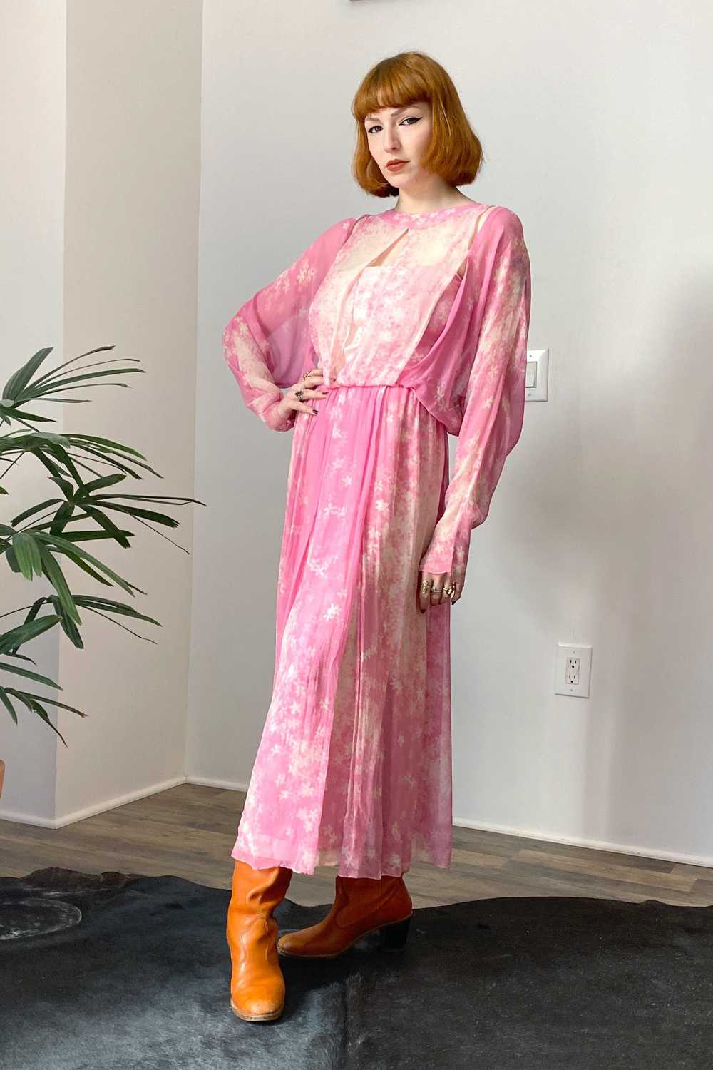 1970s Pink Cherry Blossom Silk Dress-M/L - image 3