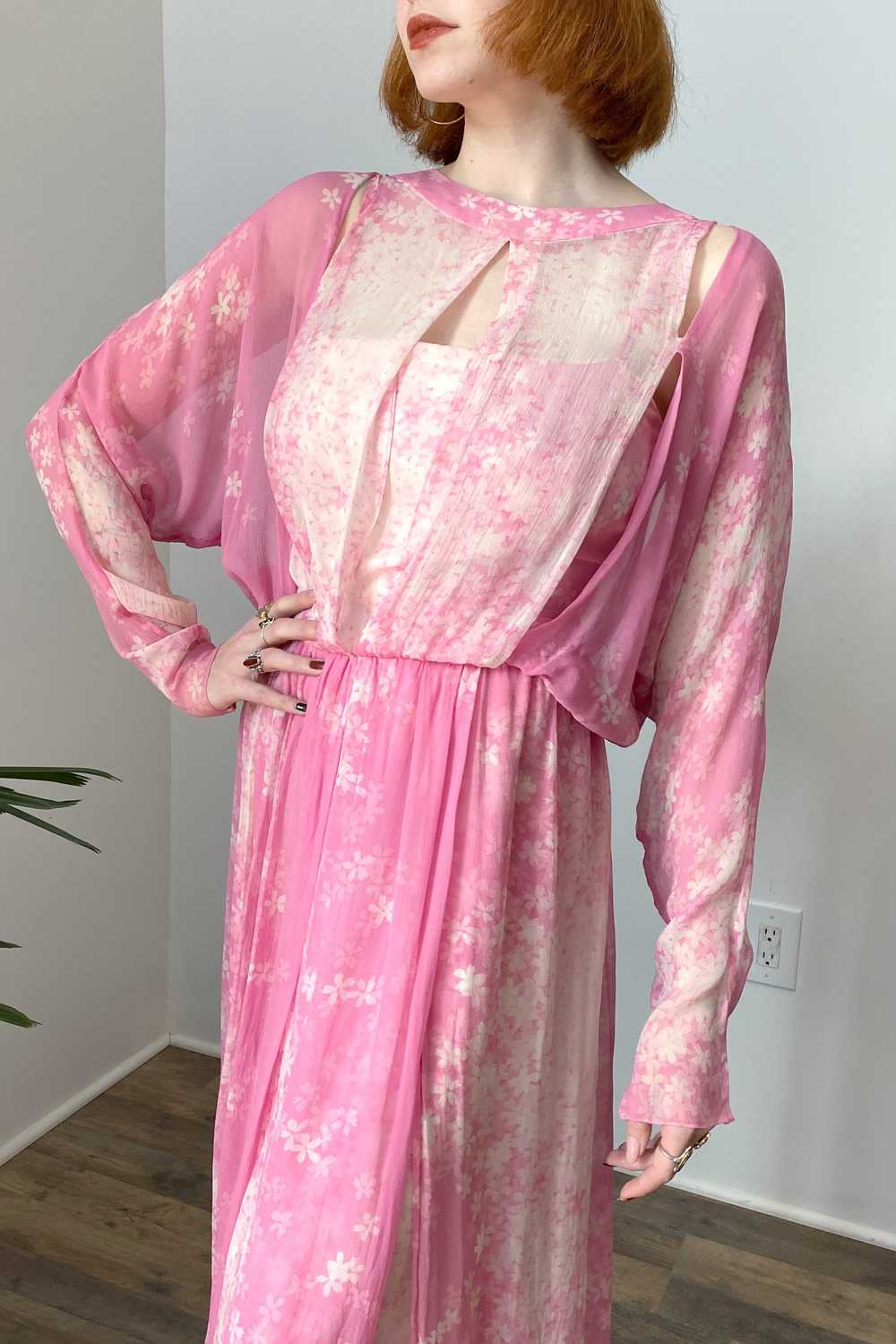 1970s Pink Cherry Blossom Silk Dress-M/L - image 4