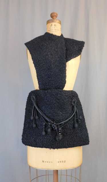 Victorian Black Curly Wool Hand Muff and Coat Coll