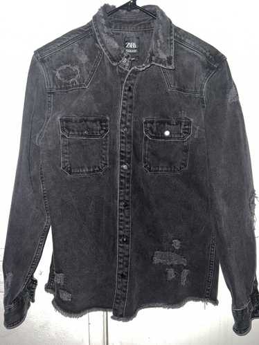 Zara Distressed Denim Long Sleeve Black Denim But… - image 1