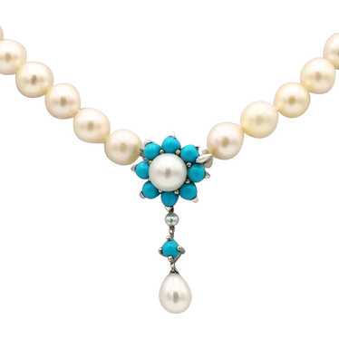 18K White Gold Pearl and Turquoise Necklace