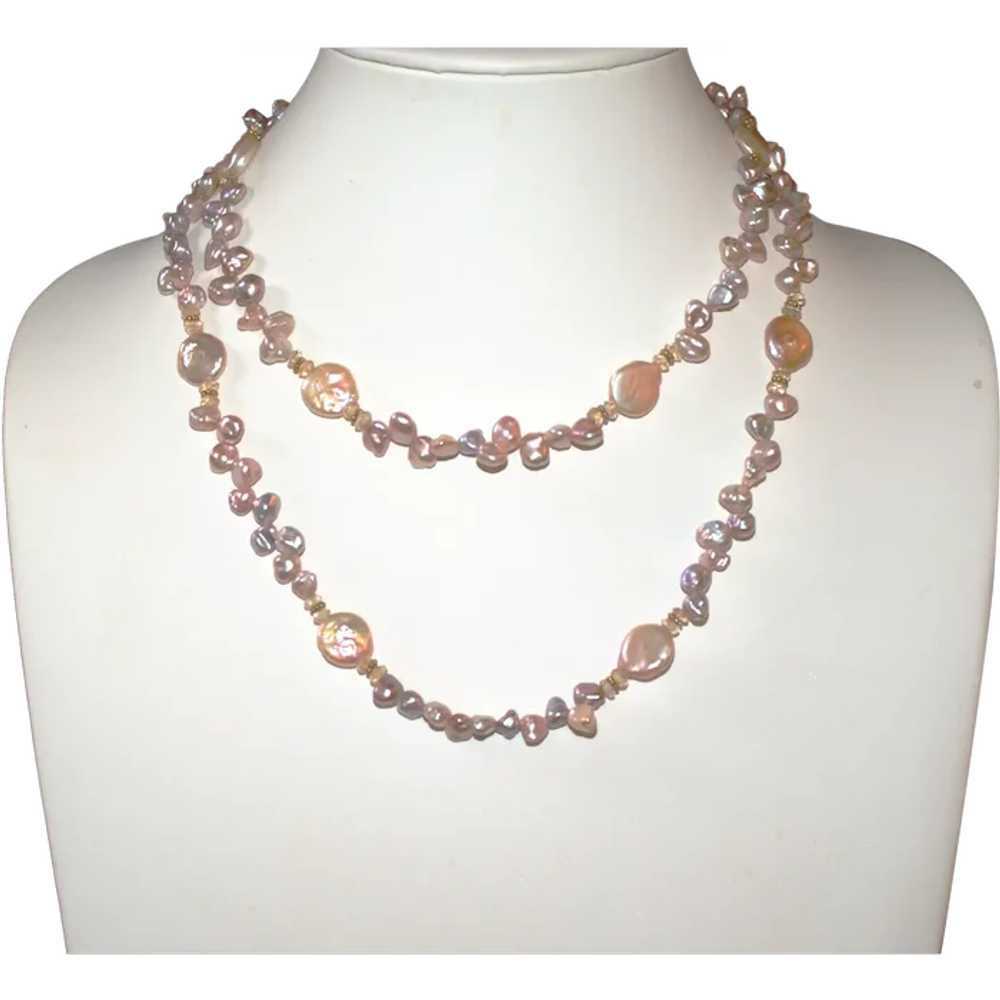Champagne Biwa and Coin Pearl Extra-Long Necklace - image 1
