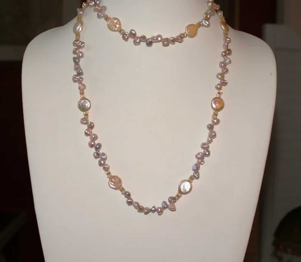 Champagne Biwa and Coin Pearl Extra-Long Necklace - image 4