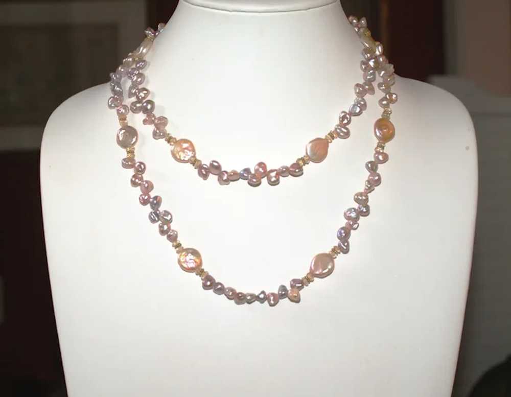 Champagne Biwa and Coin Pearl Extra-Long Necklace - image 9