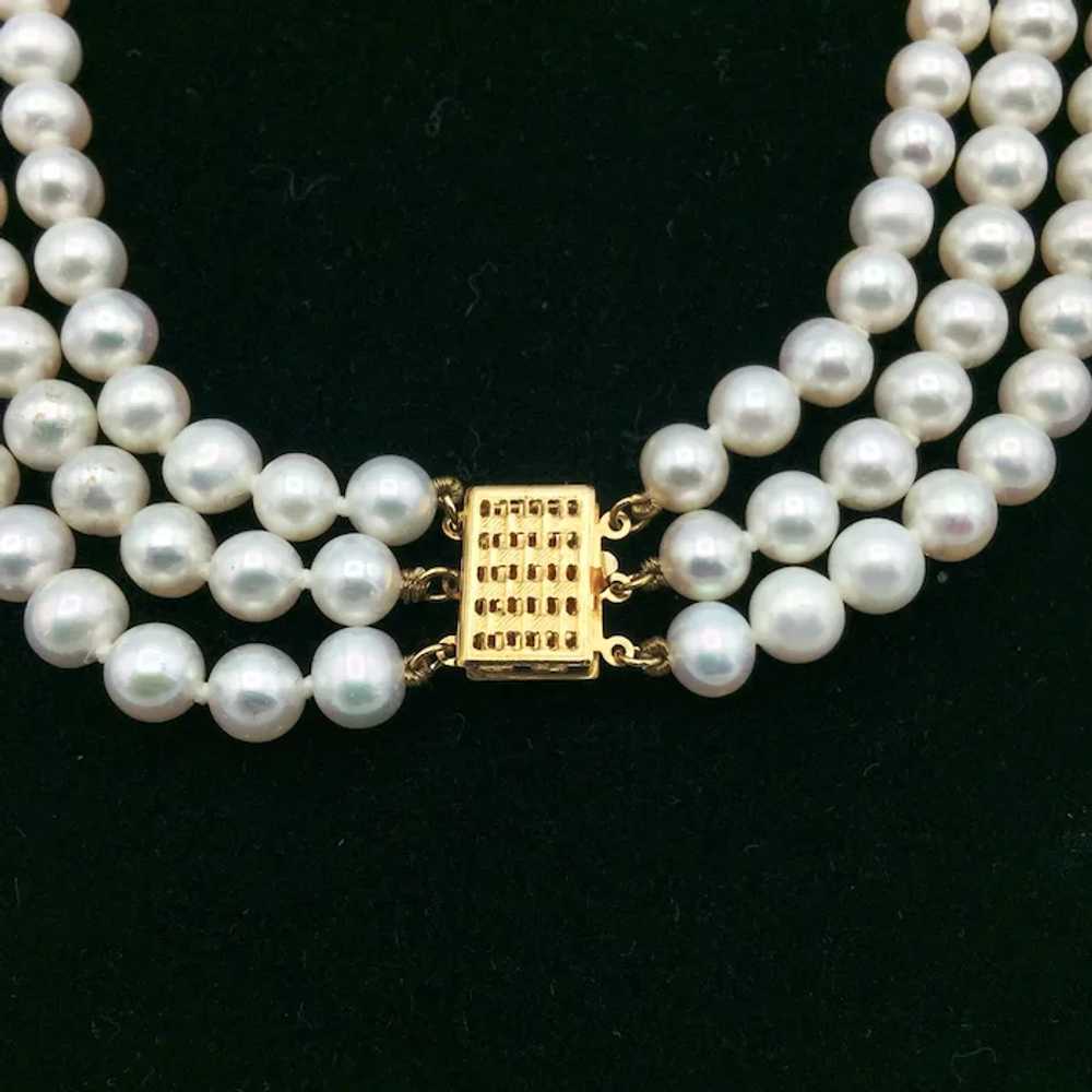 16" Triple Strand Pearl Necklace with 14K Clasp - image 4