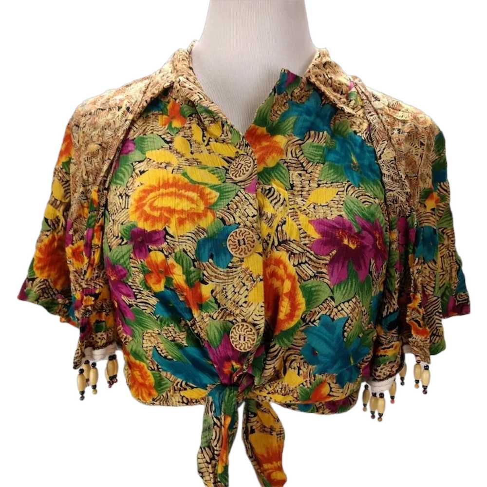 90s Carole Little Beaded Top Size M Tropical Prin… - image 1