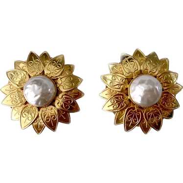 Golden Sunflower Earrings with Faux Baroque Pearl… - image 1