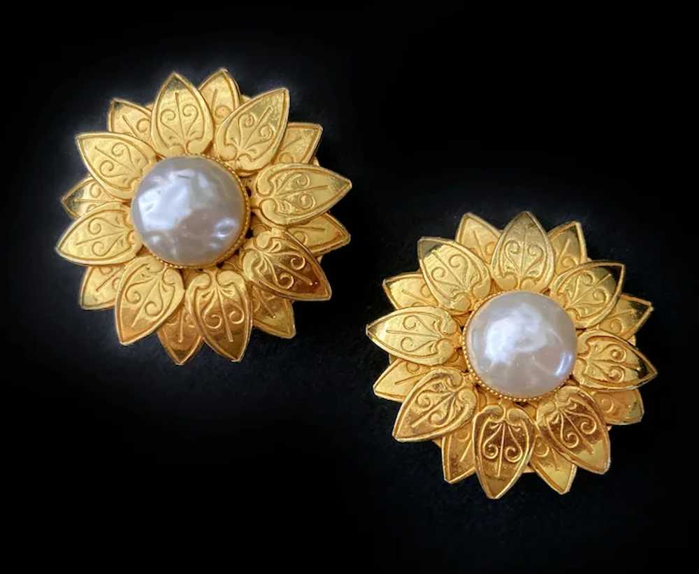 Golden Sunflower Earrings with Faux Baroque Pearl… - image 2