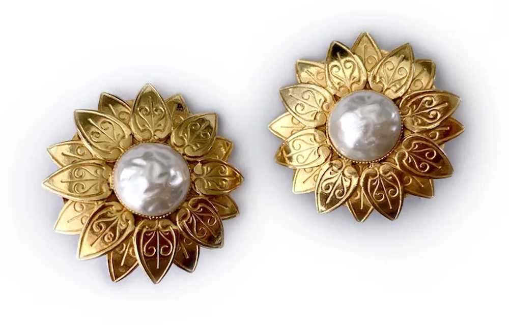 Golden Sunflower Earrings with Faux Baroque Pearl… - image 3