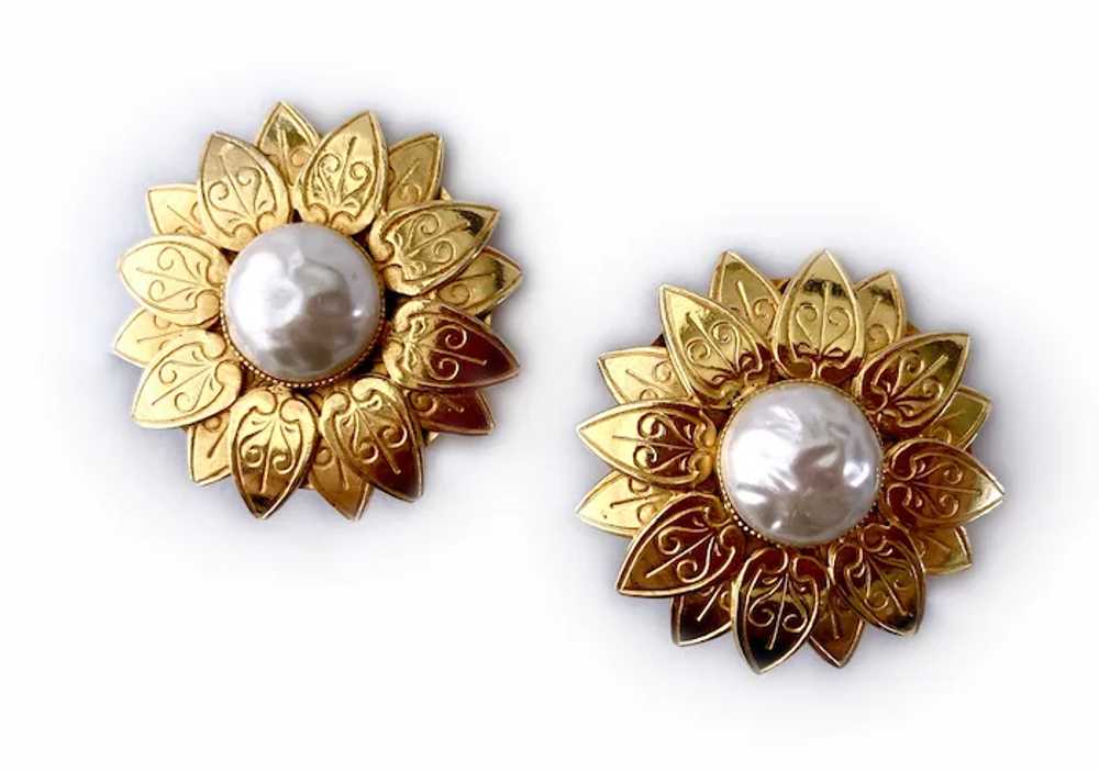 Golden Sunflower Earrings with Faux Baroque Pearl… - image 4