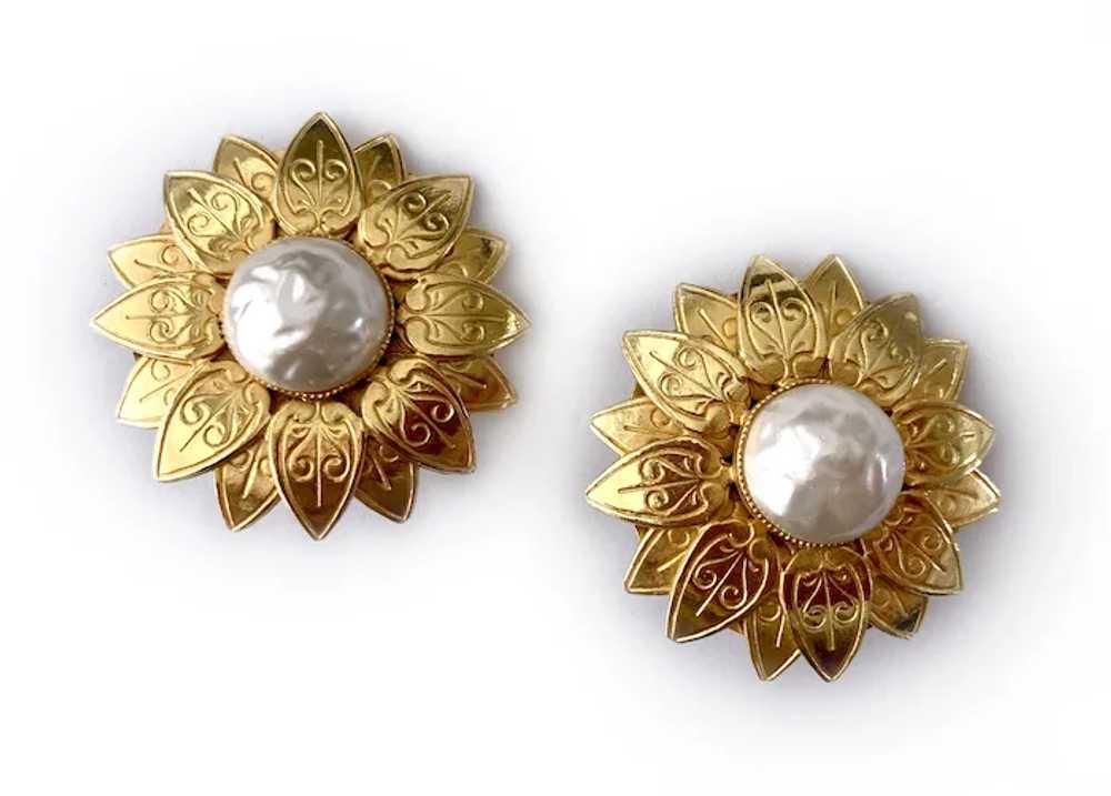 Golden Sunflower Earrings with Faux Baroque Pearl… - image 5