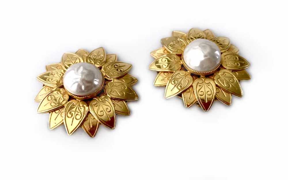 Golden Sunflower Earrings with Faux Baroque Pearl… - image 6