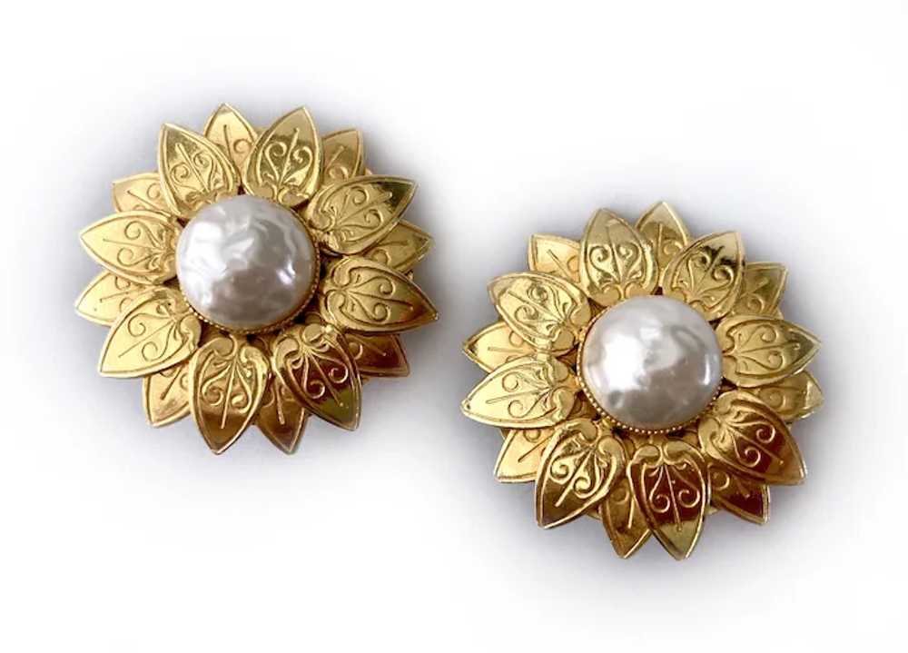 Golden Sunflower Earrings with Faux Baroque Pearl… - image 7