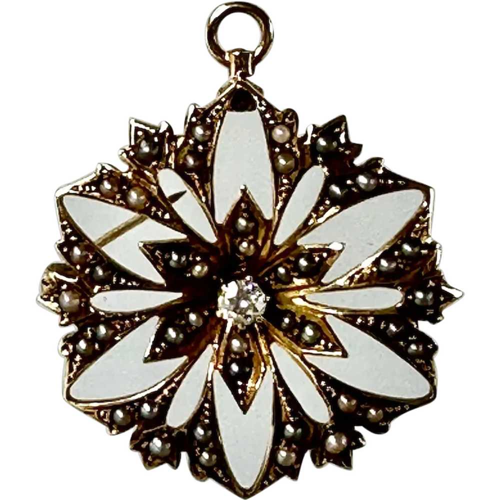 14K YG Diamond & Seed Pearl Broach - image 1