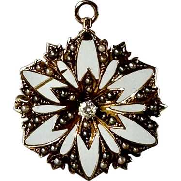 14K YG Diamond & Seed Pearl Broach - image 1