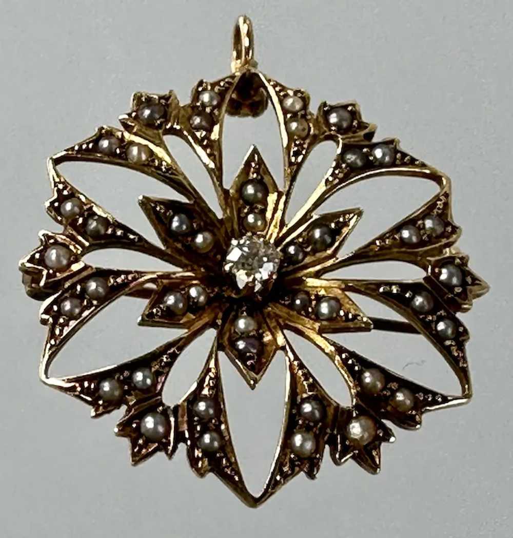 14K YG Diamond & Seed Pearl Broach - image 2