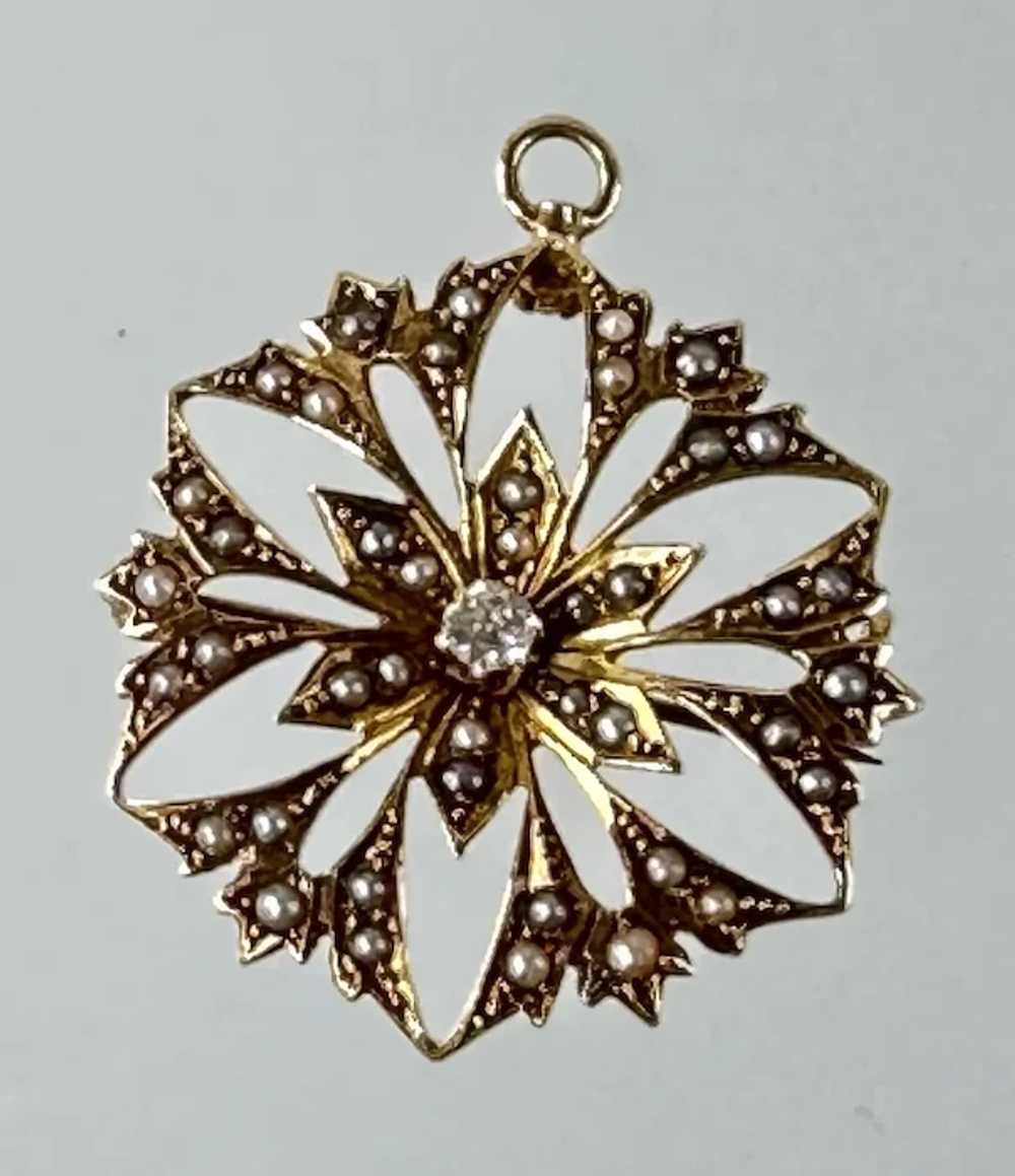 14K YG Diamond & Seed Pearl Broach - image 9