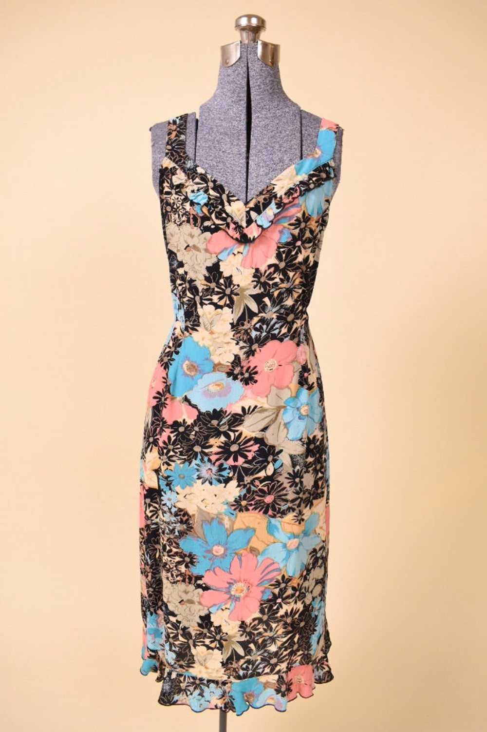 Black Pink and Blue Rayon Floral Ruffle Dress By … - image 1