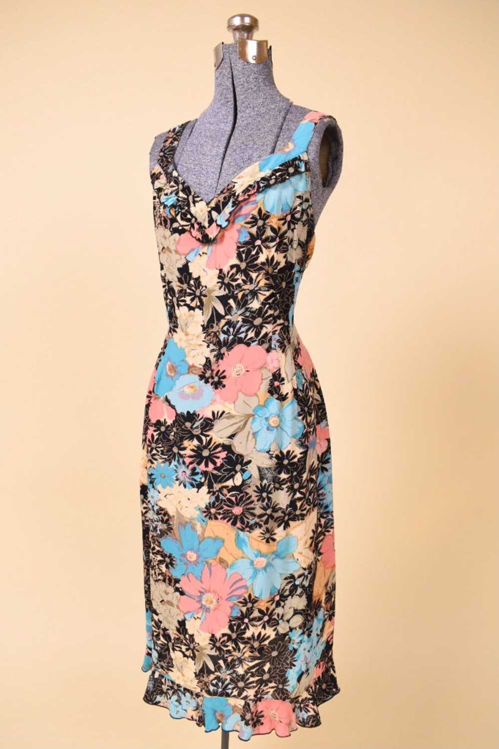 Black Pink and Blue Rayon Floral Ruffle Dress By … - image 2