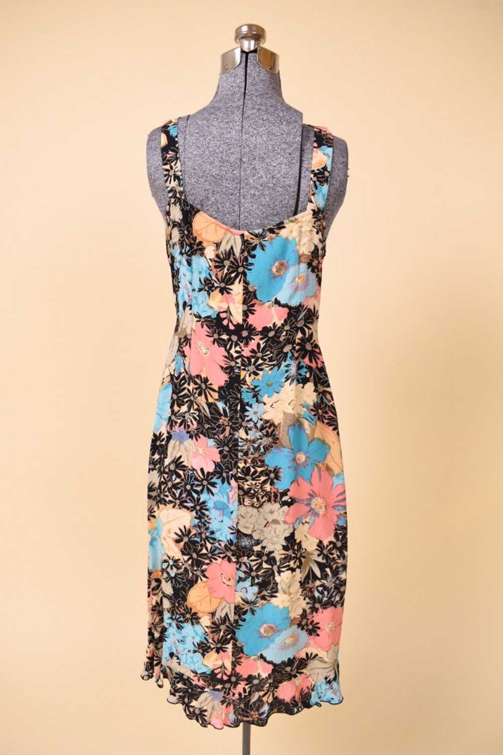 Black Pink and Blue Rayon Floral Ruffle Dress By … - image 3