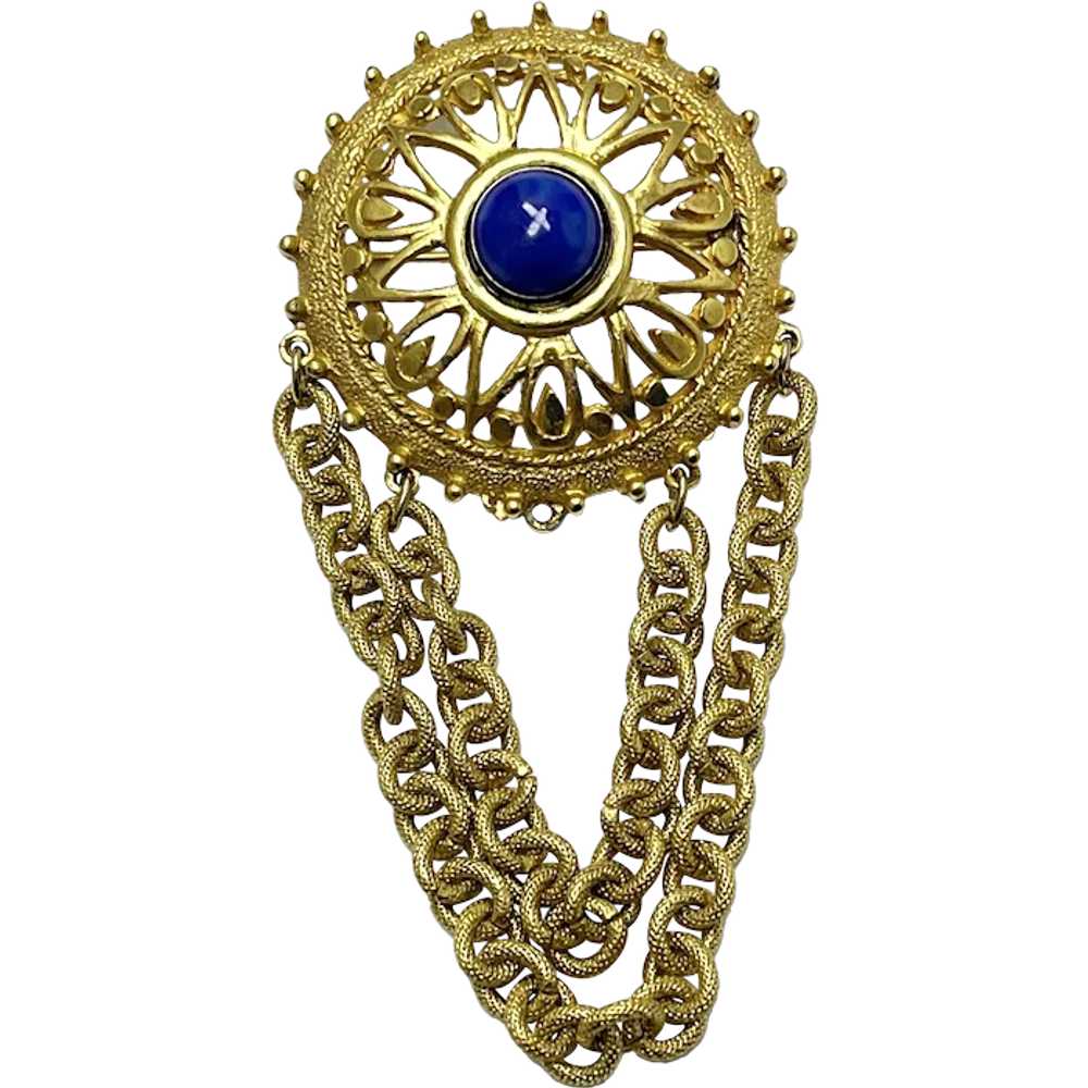 Vintage Blue Stone Tassel Chain Brooch Pin - image 1