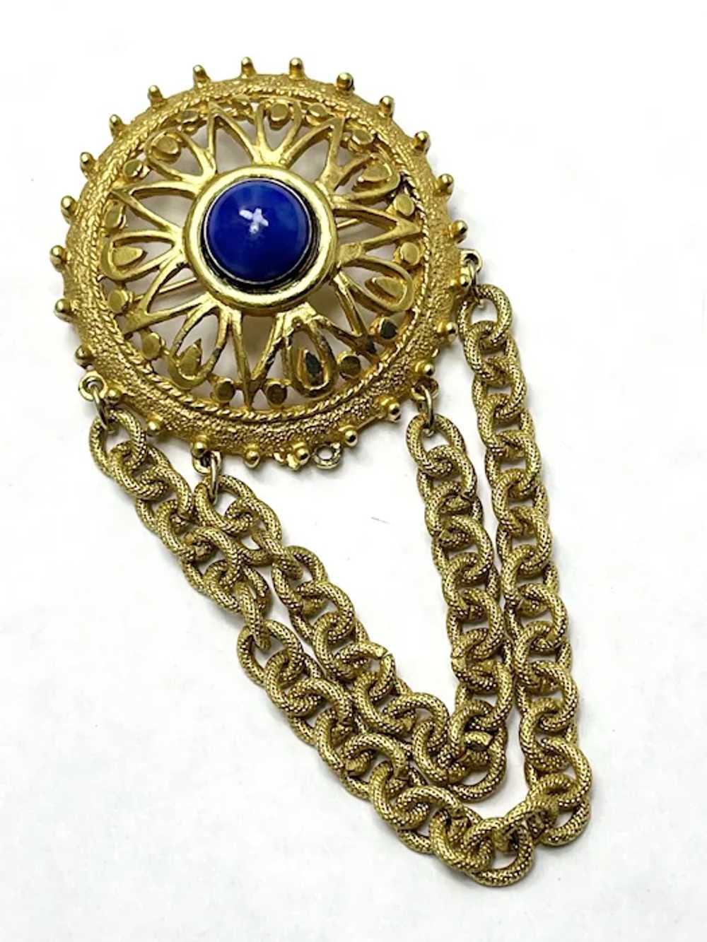 Vintage Blue Stone Tassel Chain Brooch Pin - image 2