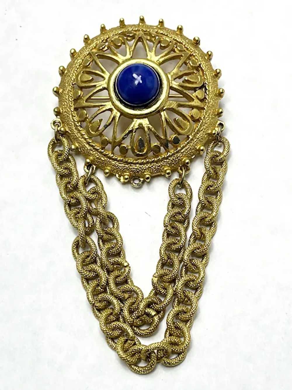 Vintage Blue Stone Tassel Chain Brooch Pin - image 3