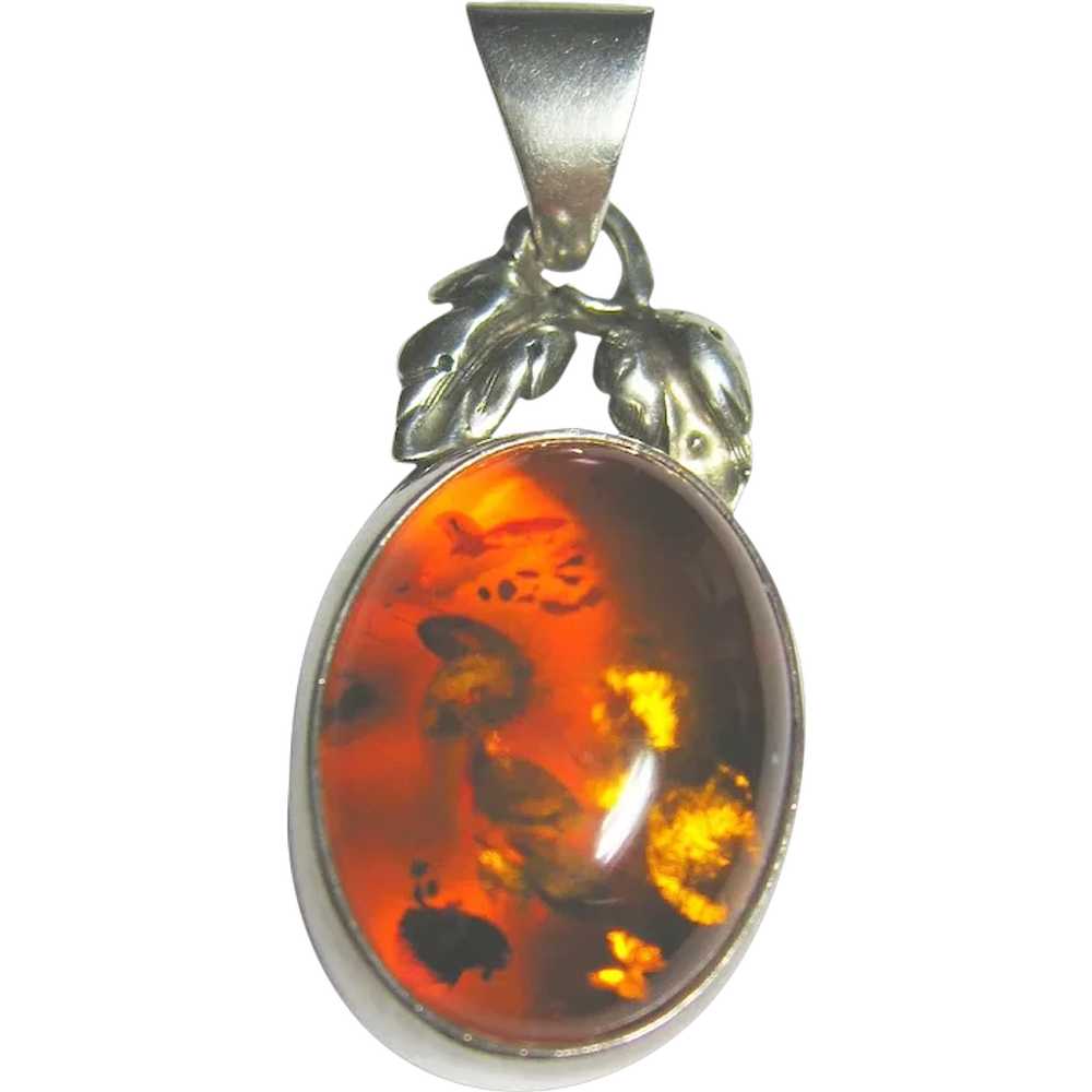 Honey Amber Cabochon & Leaf Sterling Silver 925 S… - image 1