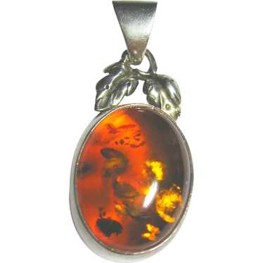 Honey Amber Cabochon & Leaf Sterling Silver 925 S… - image 1