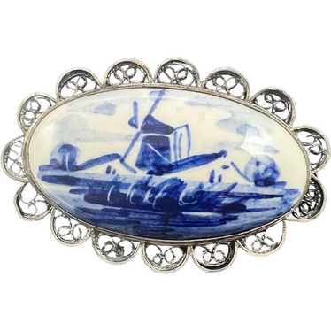 Sterling Silver Delft Ceramic Pin Brooch - image 1
