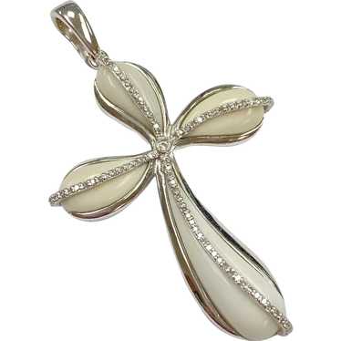 Diamond and White Coral Cross Pendant Sterling Sil