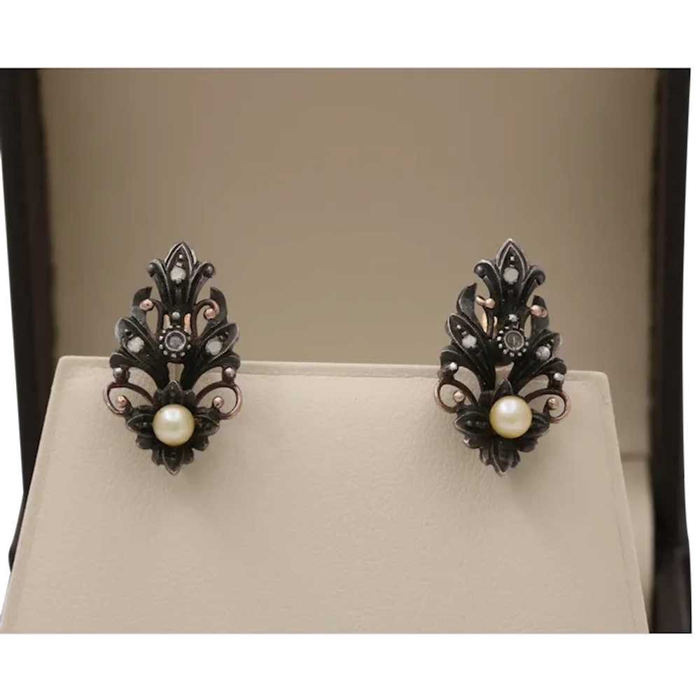 Victorian 10K Gold Diamond And Pearl Earrings - image 1