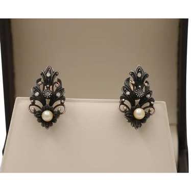 Victorian 10K Gold Diamond And Pearl Earrings