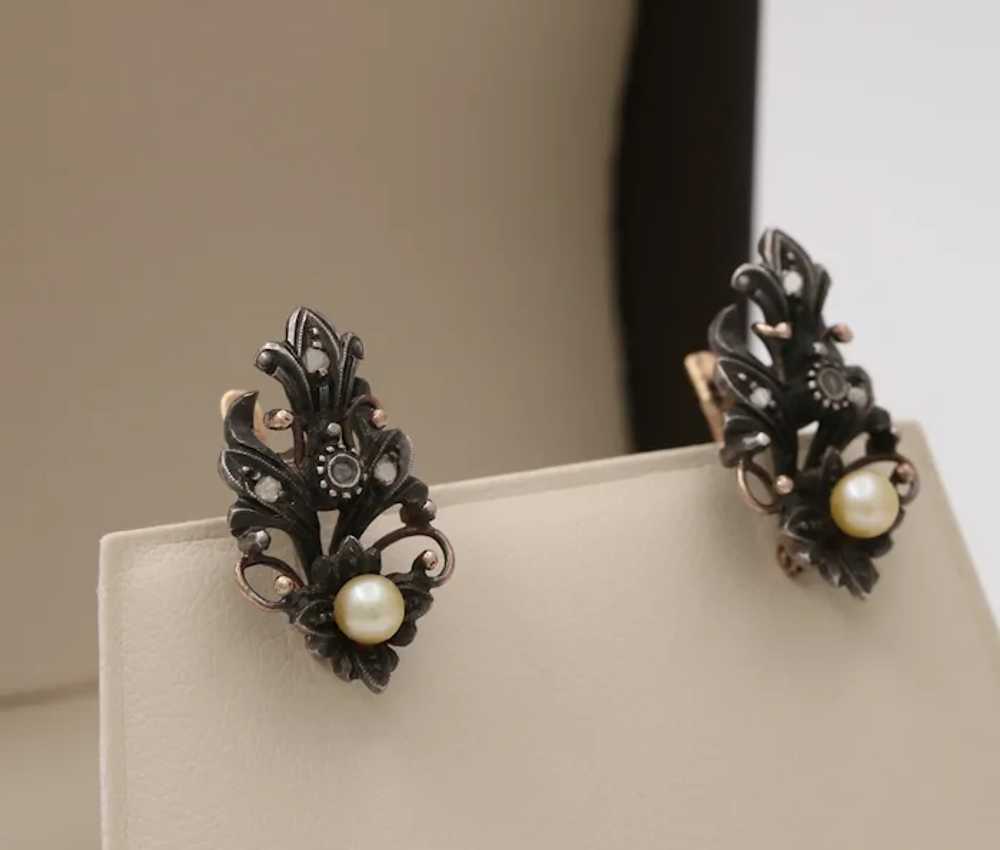 Victorian 10K Gold Diamond And Pearl Earrings - image 2