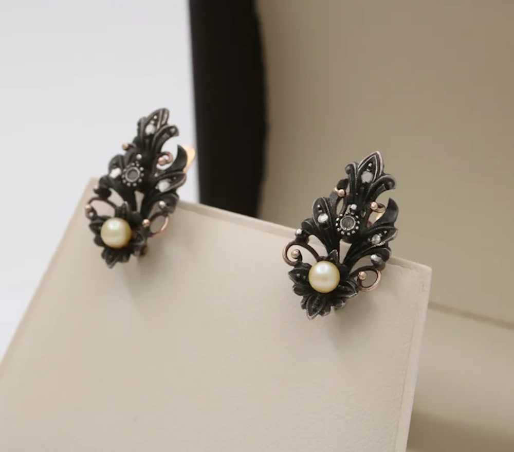 Victorian 10K Gold Diamond And Pearl Earrings - image 3