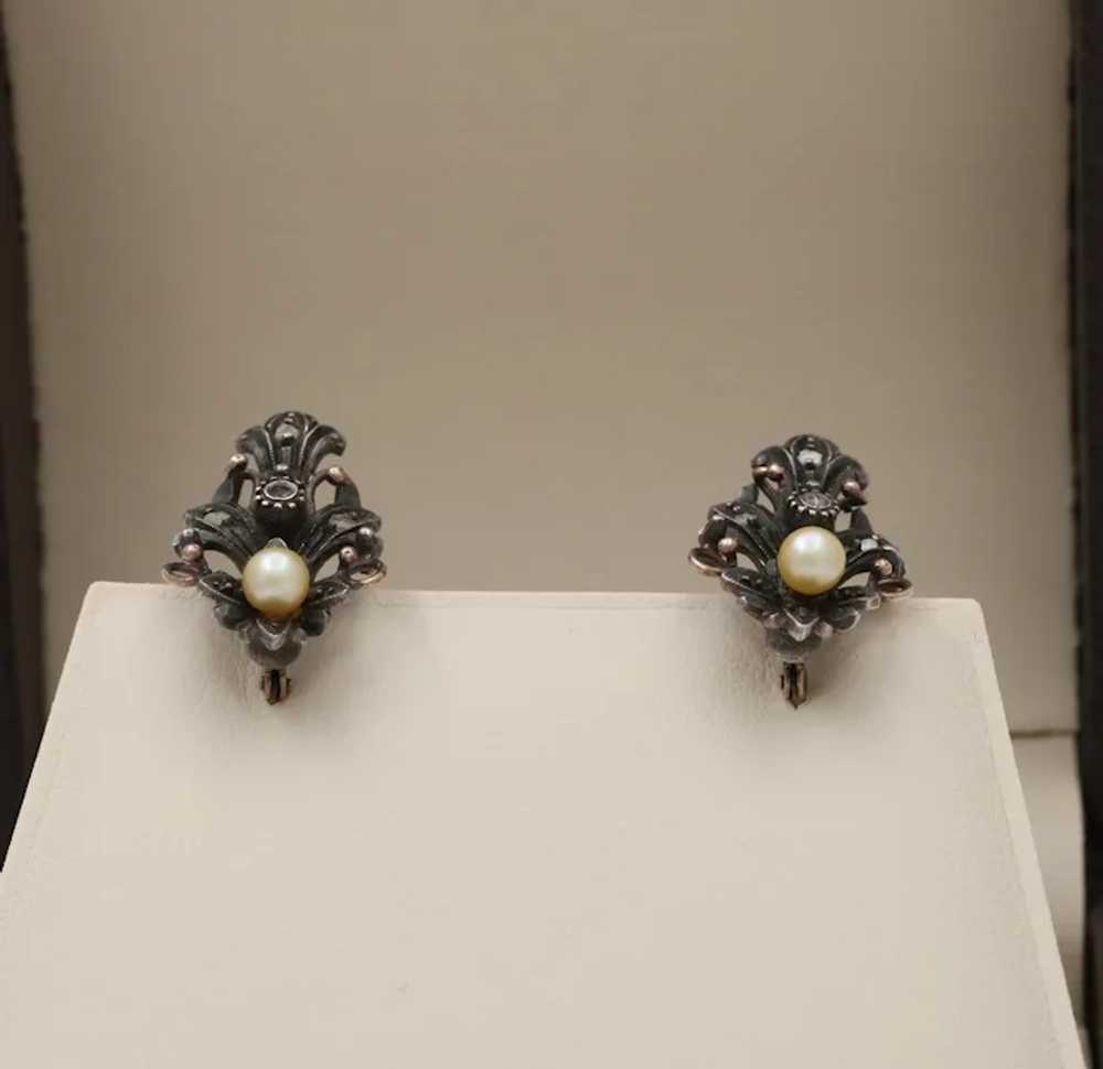 Victorian 10K Gold Diamond And Pearl Earrings - image 4