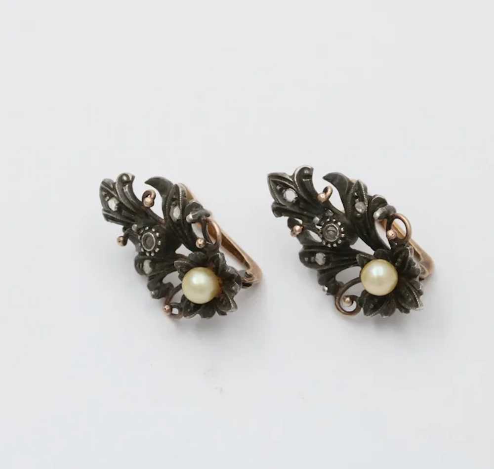Victorian 10K Gold Diamond And Pearl Earrings - image 5