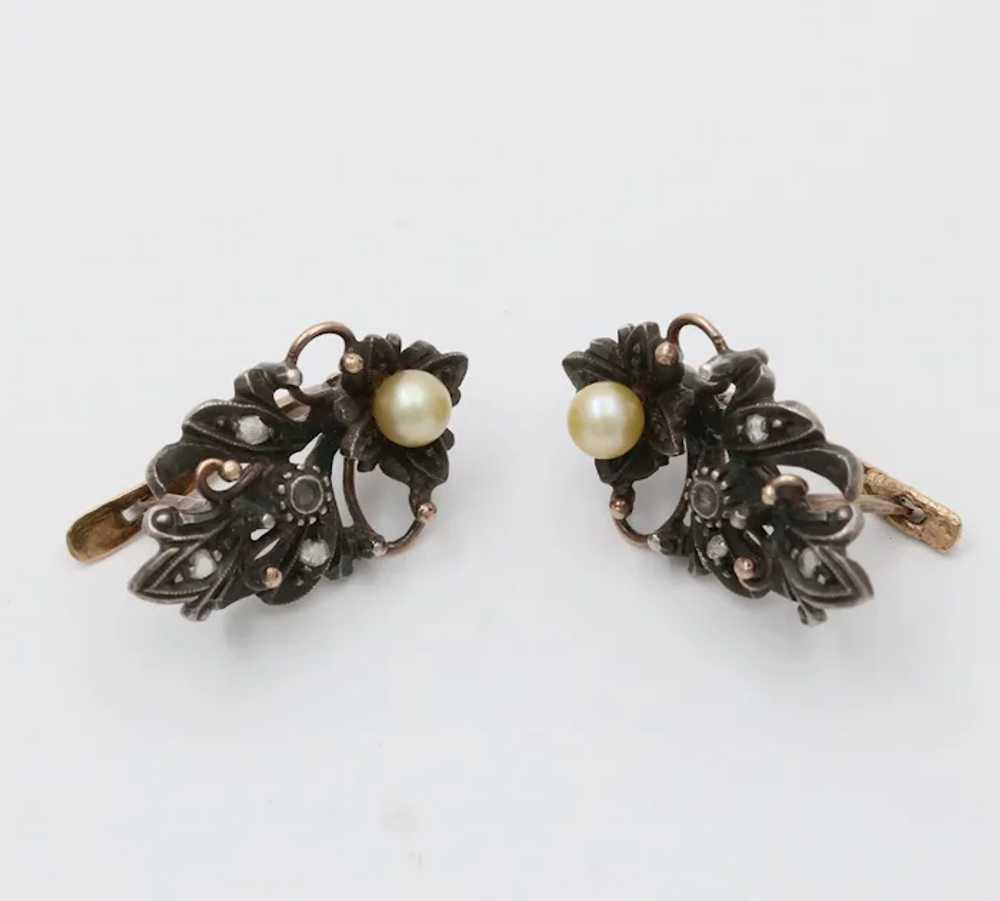 Victorian 10K Gold Diamond And Pearl Earrings - image 6