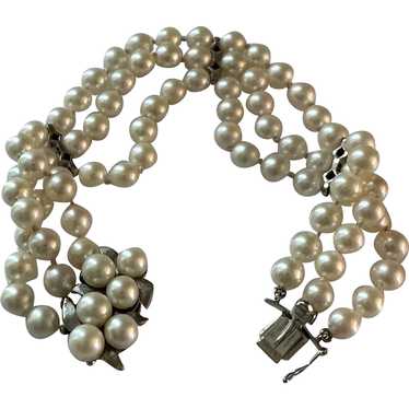 14K WG 3-Strand Pearl & Diamond Bracelet - image 1
