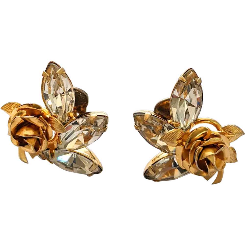 Gold Rose Rhinestone Cluster Clip On Earrings - image 1