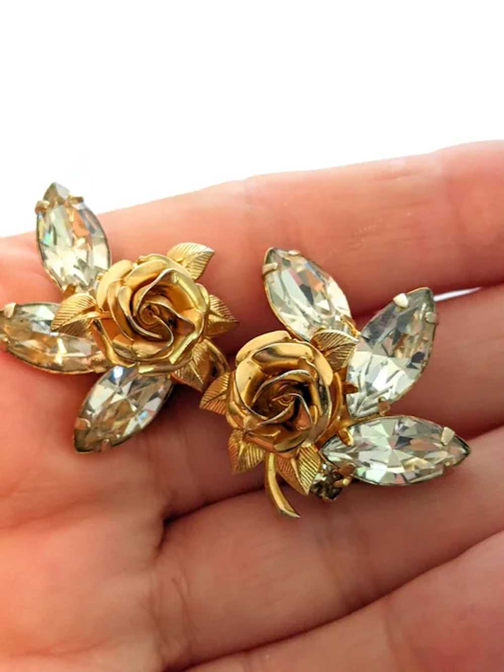 Gold Rose Rhinestone Cluster Clip On Earrings - image 2