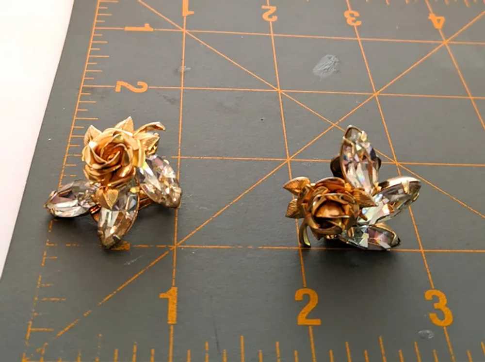 Gold Rose Rhinestone Cluster Clip On Earrings - image 5