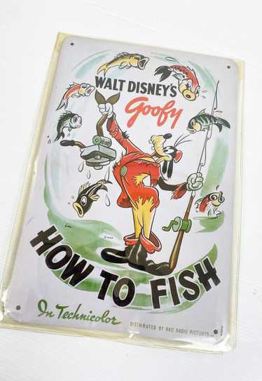 Vintage 80s tin art wall Goofy's How to Fish