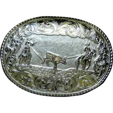 Vintage Crumrine fancy western belt buckle, gold … - image 1