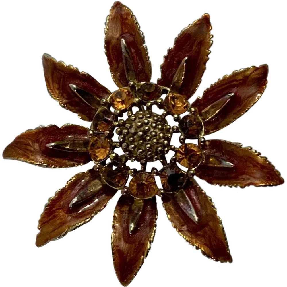 Amber and Gold Tone Rhinestone Flower Brooch Pin - image 1