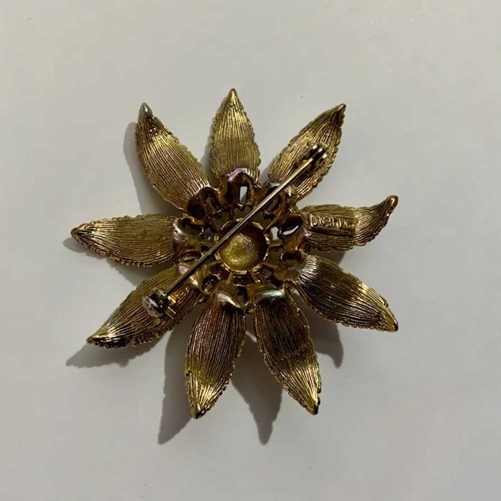 Amber and Gold Tone Rhinestone Flower Brooch Pin - image 2