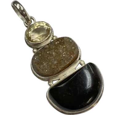 Estate Pendant Sterling Silver, Amber, Druzy Agat… - image 1