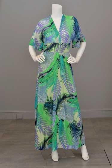 1970s Chiffon Feather Print Maxi Dress with Flutte