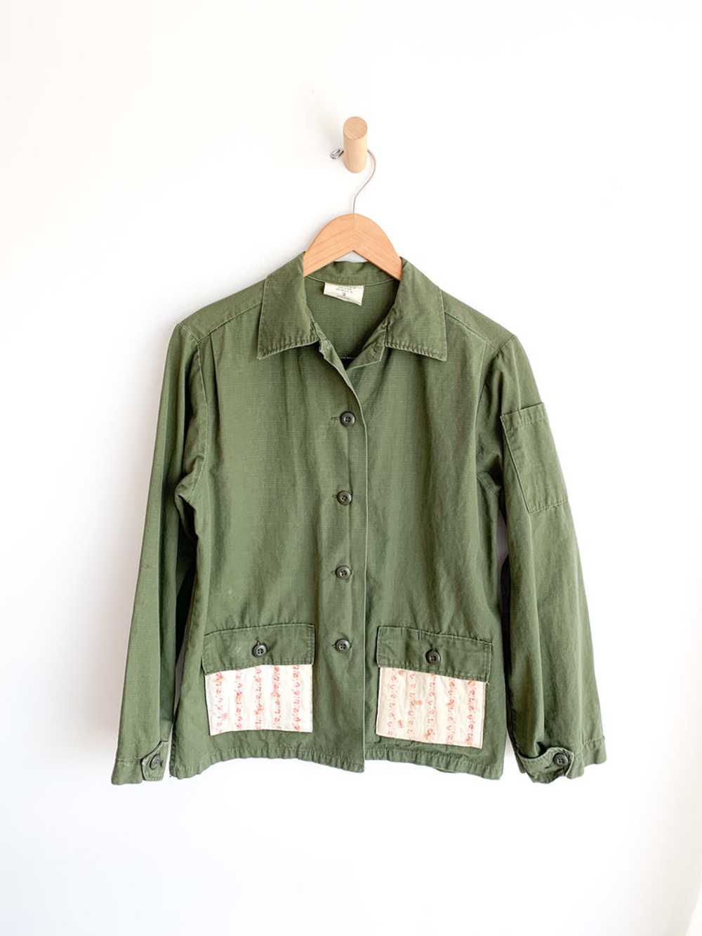 Upcycled Army Jacket With Calico Squares - image 2